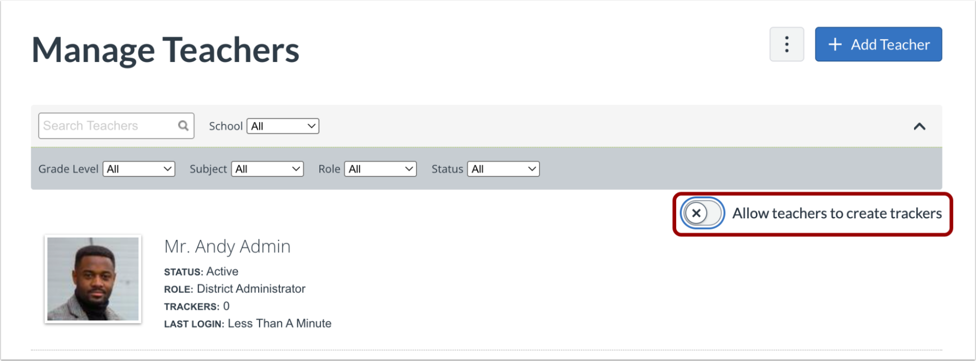 Disable Allow Teachers to Create Trackers