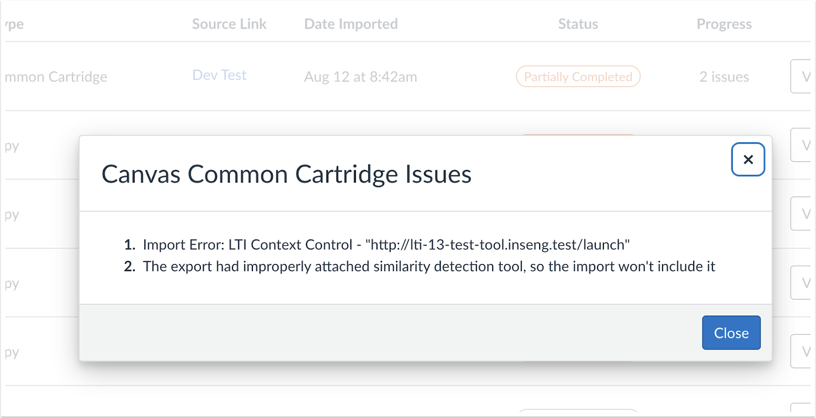 Canvas Common Cartridge Issues Modal