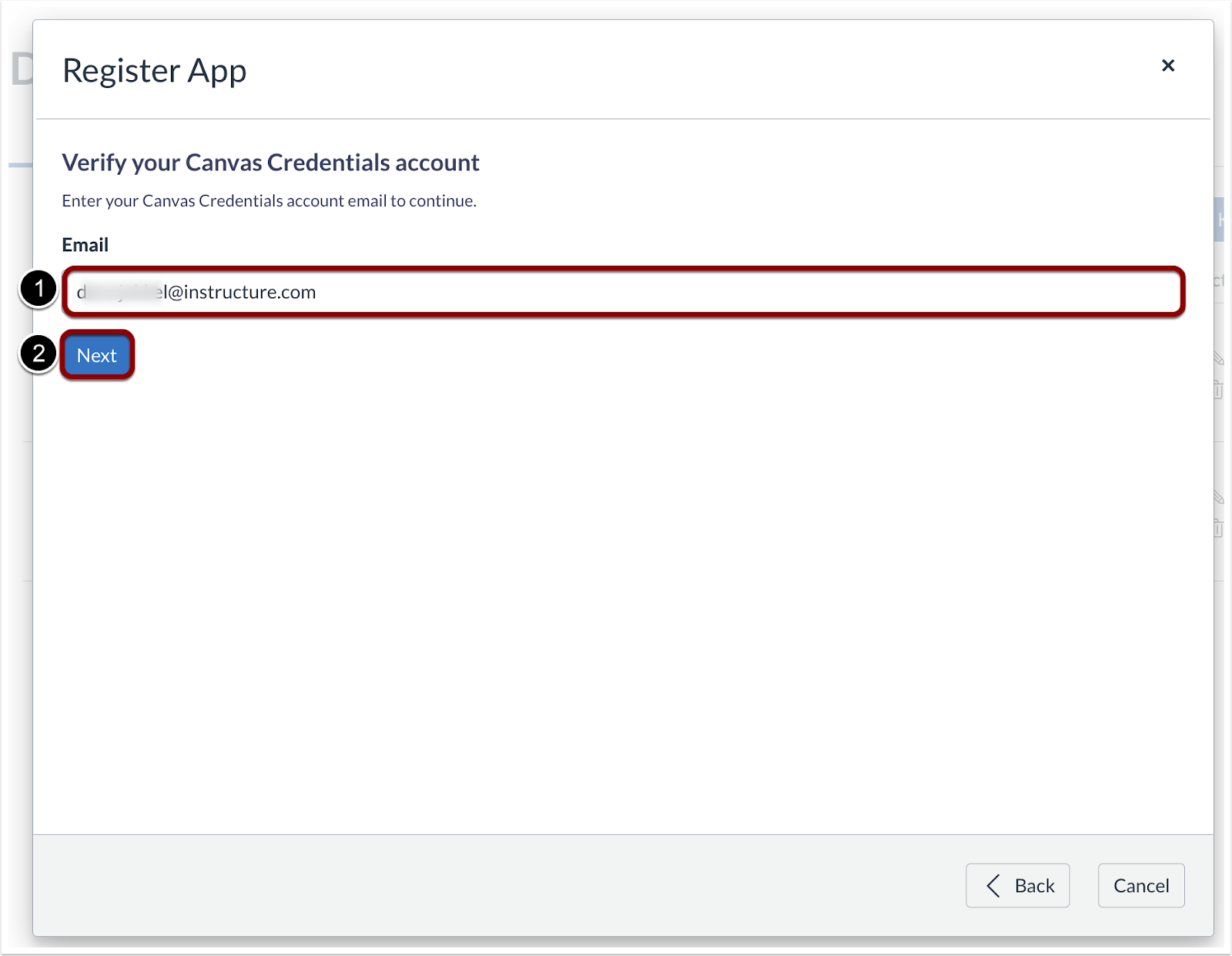 Register App Modal Verify Canvas Credentials