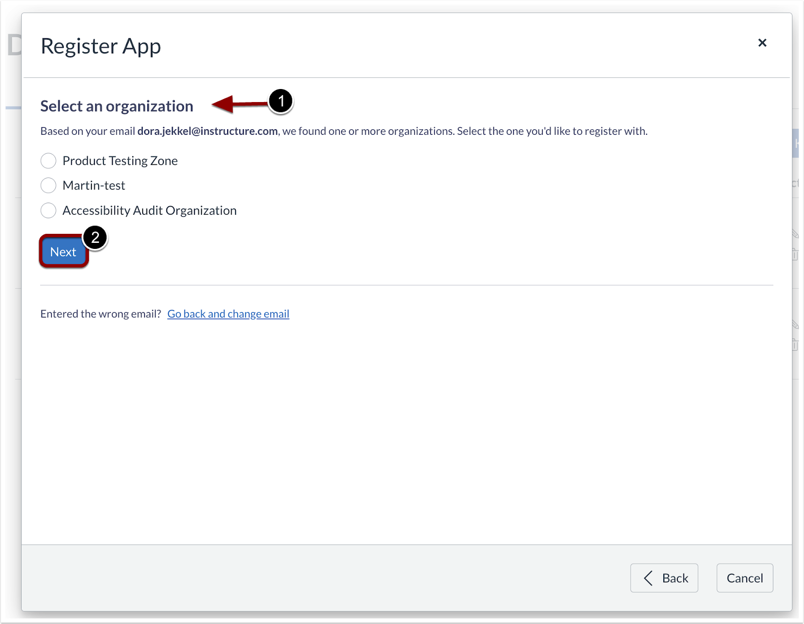 Register App Modal Select Organization