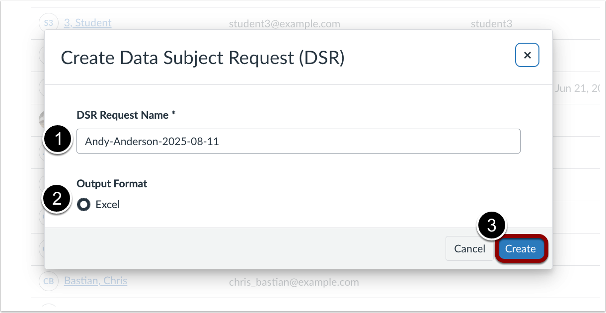 Create Data Subject Request (DSR) Modal