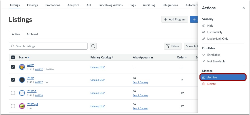 View Actions Tray to Archive