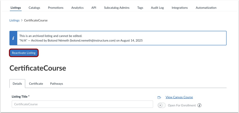 View Reactivate Listing Button