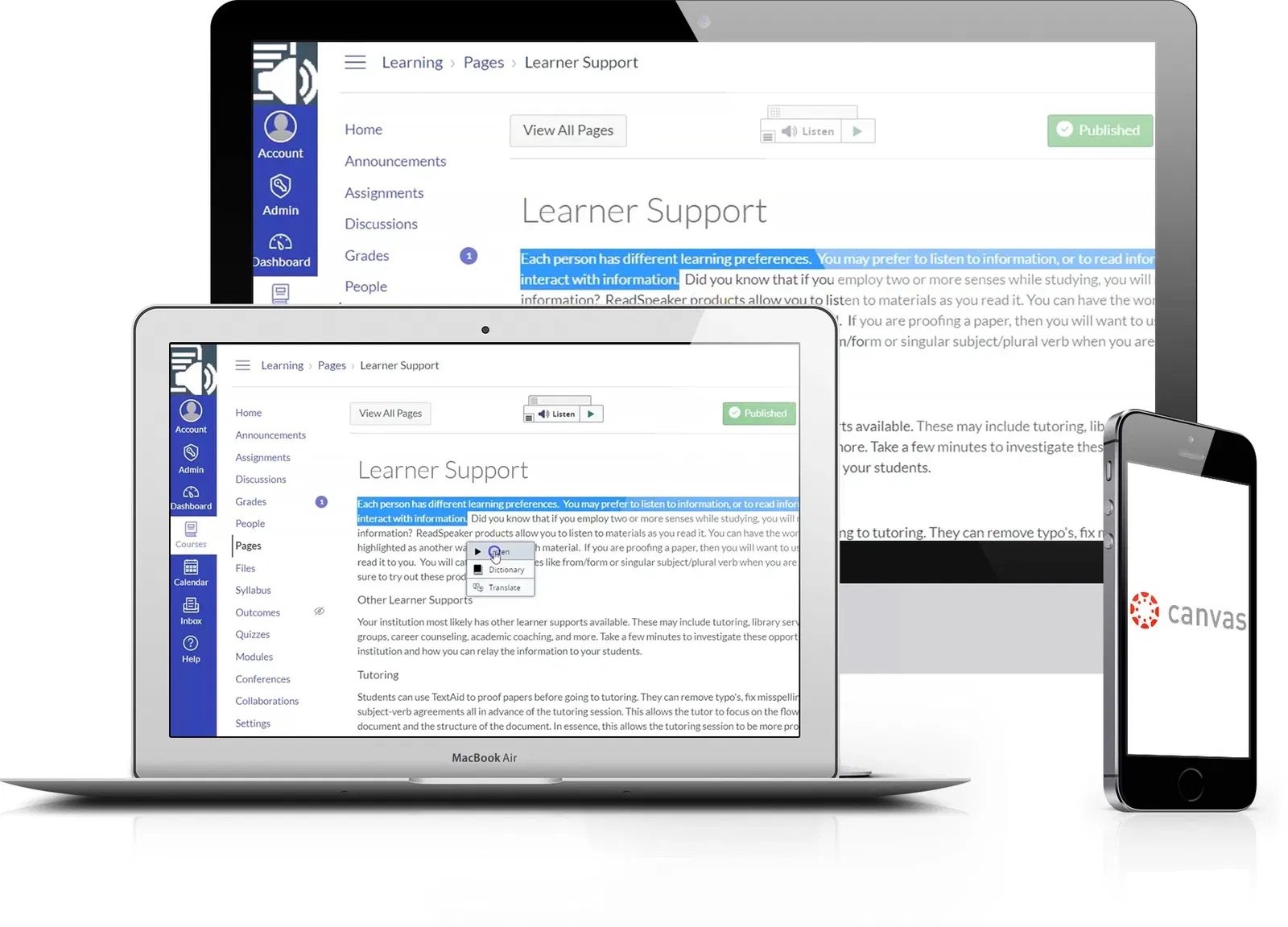 Canvas pages on different devices showing Learner Support content with highlighted text and ReadSpeaker tool.
