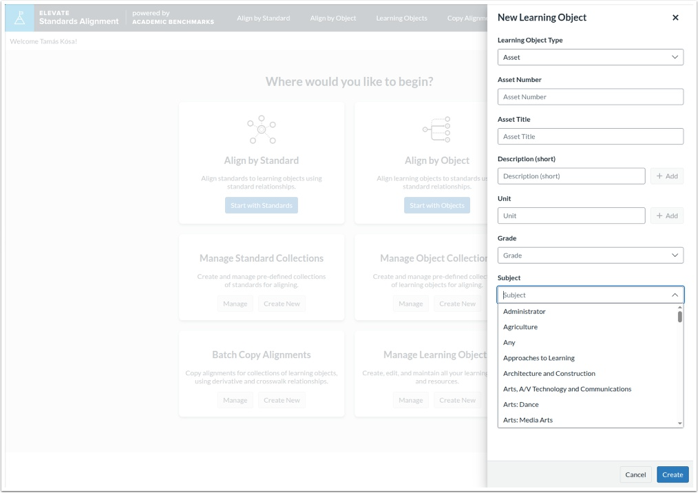 View Create New Learning Object Sidebar