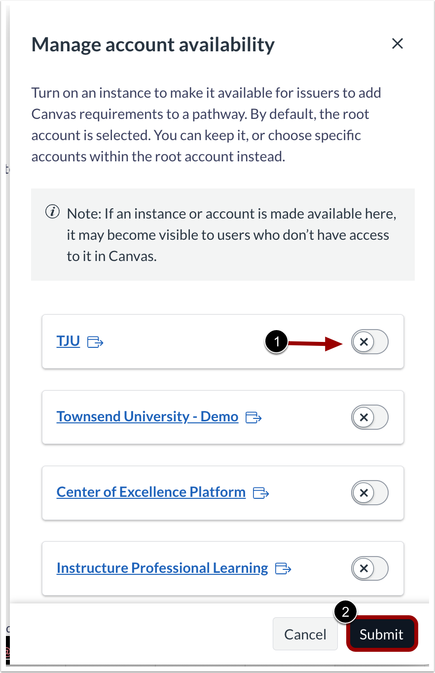 Manage Account Availability Instance Toggles