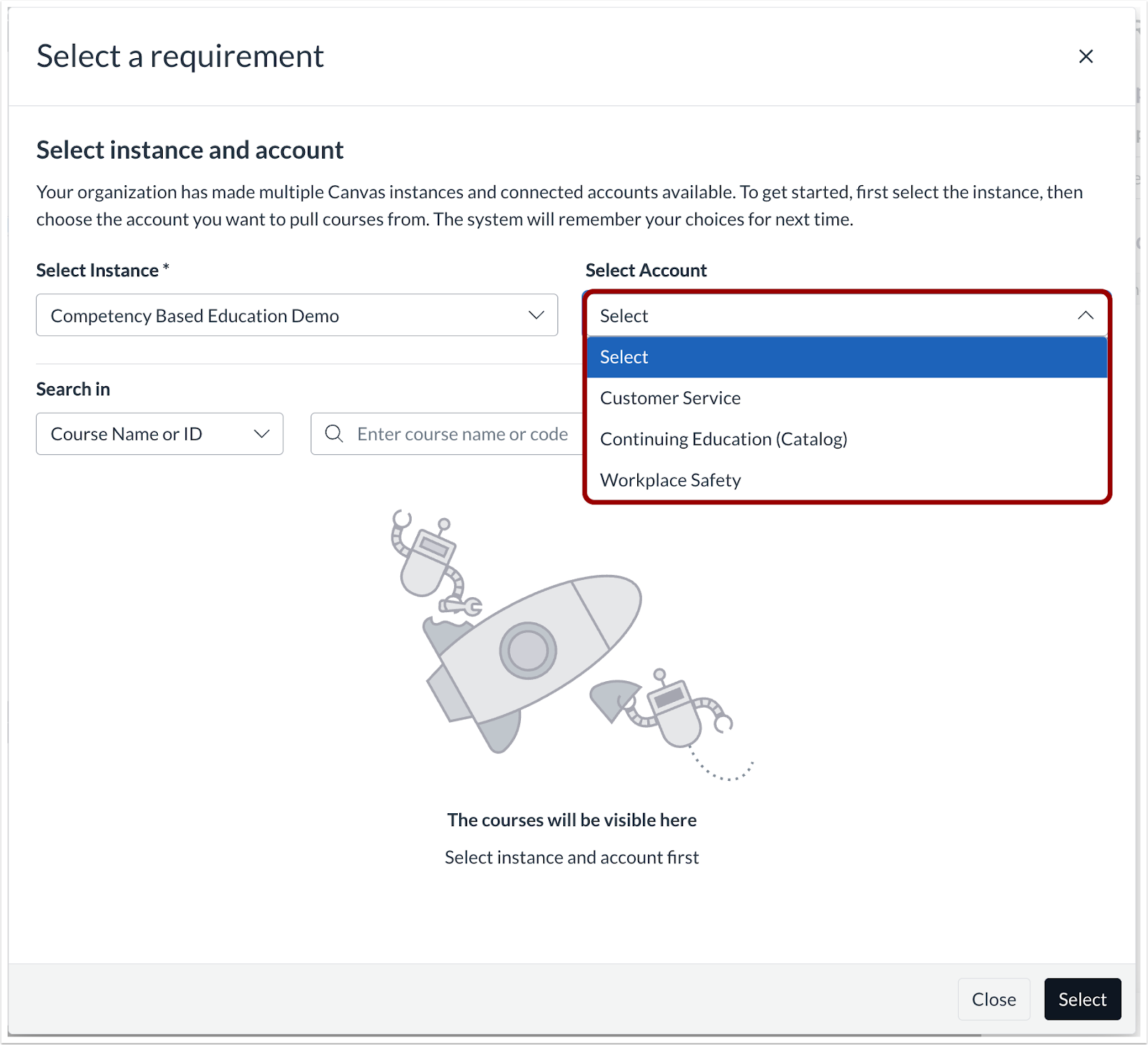 Select a Requirement Modal Select Account Field