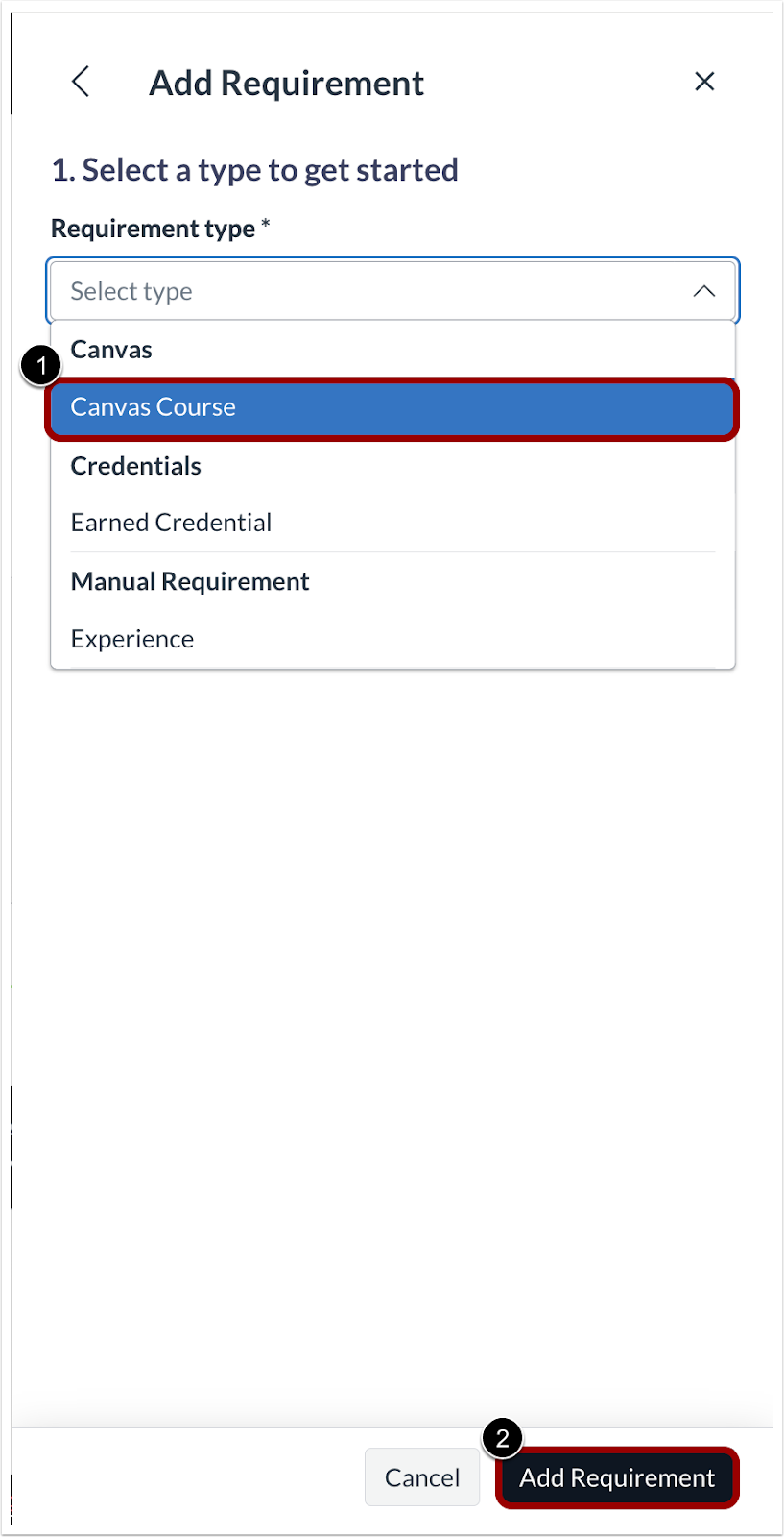 Add Requirement Modal Requirement Type Field