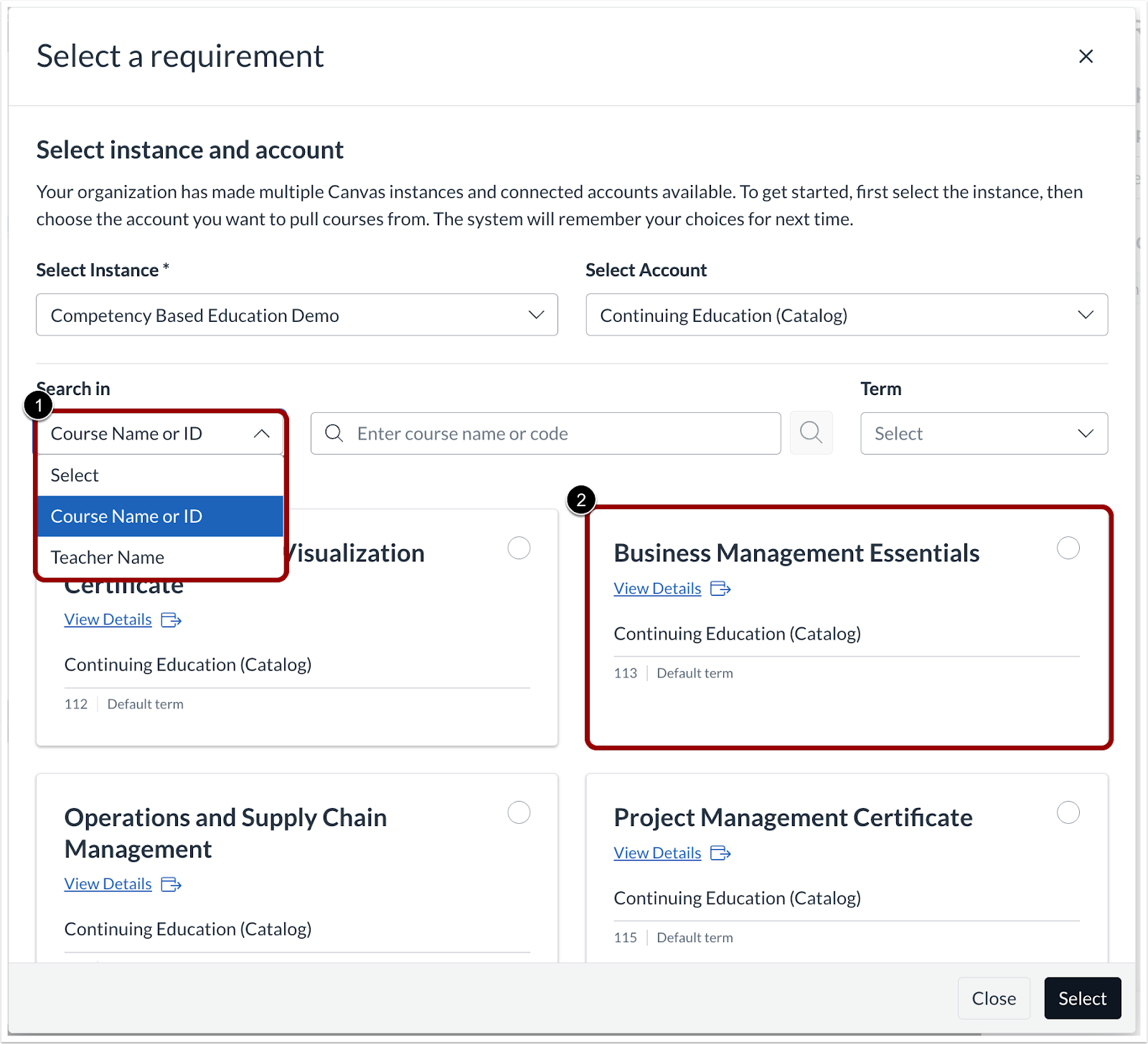 Select a Requirement Search In field and Courses