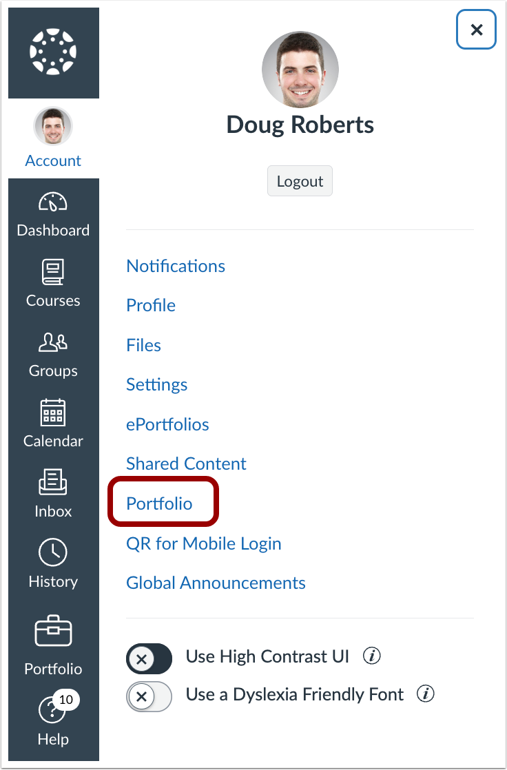 User Navigation Menu Portfolio Link