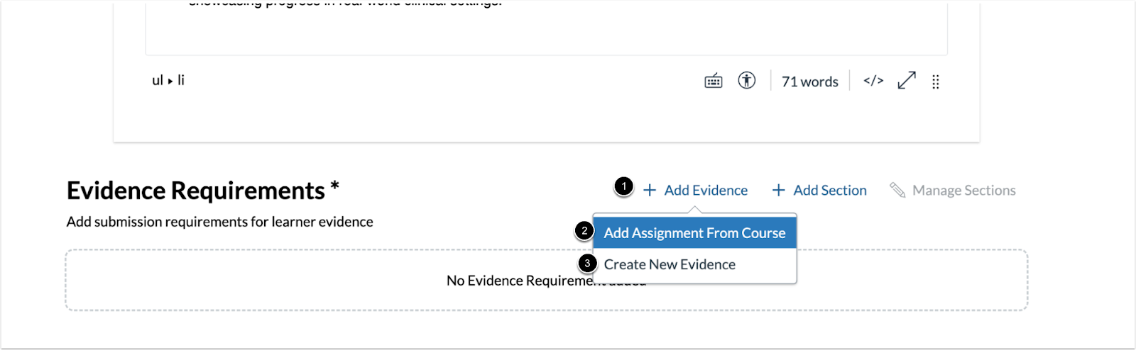 Add Evidence and Add Section Links