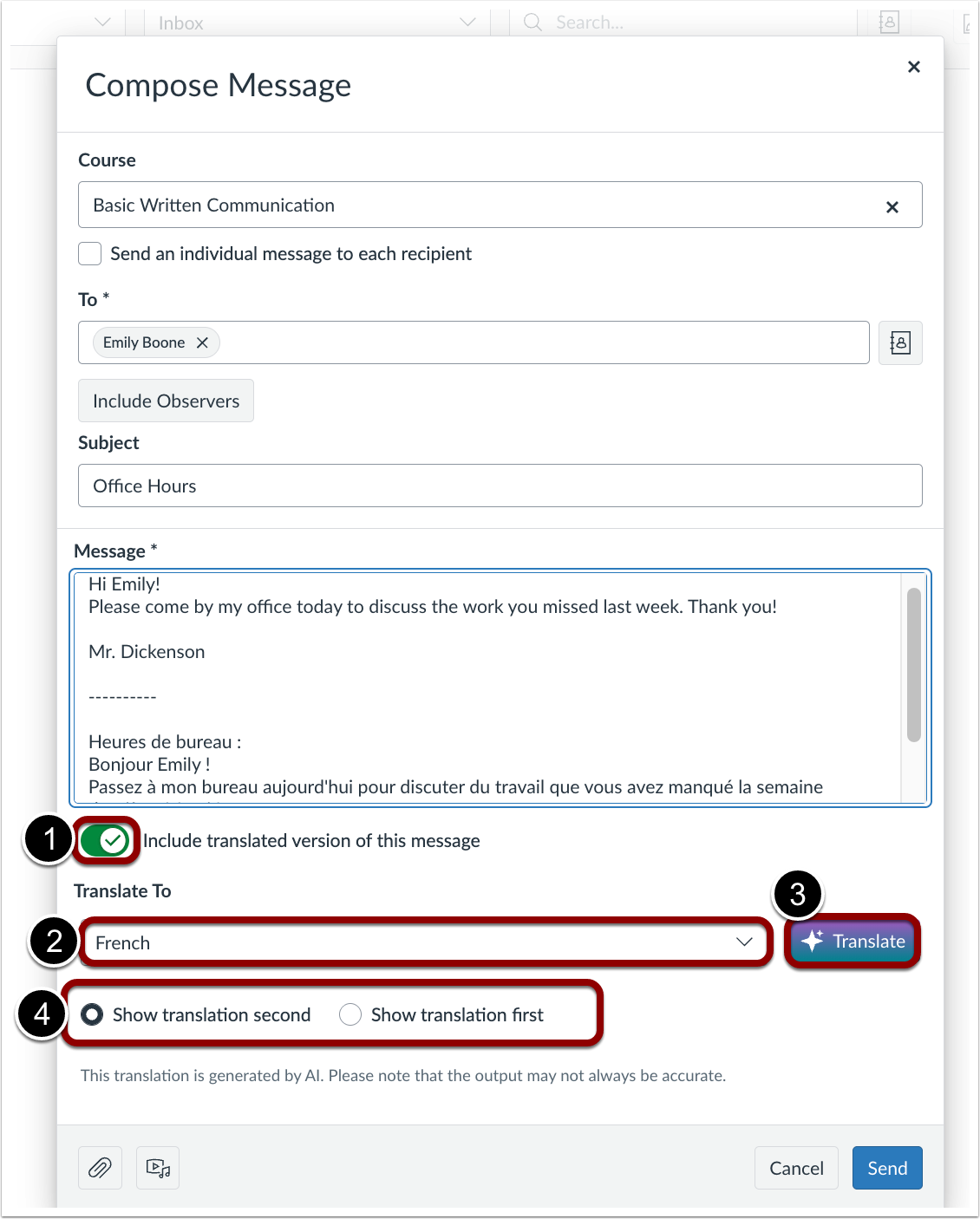 Inbox Compose Message Translation Options