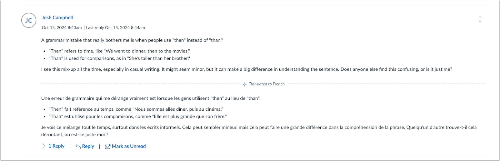 Translated Discussion Reply View