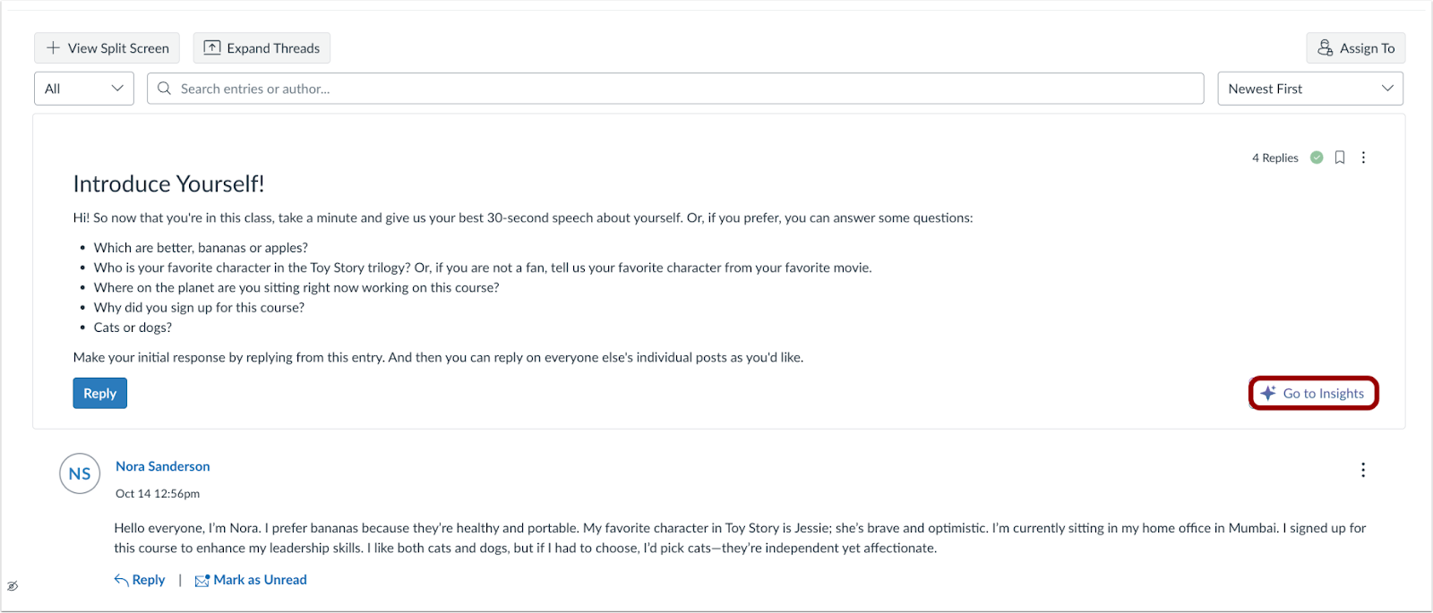 Discussion Go To Insights Button