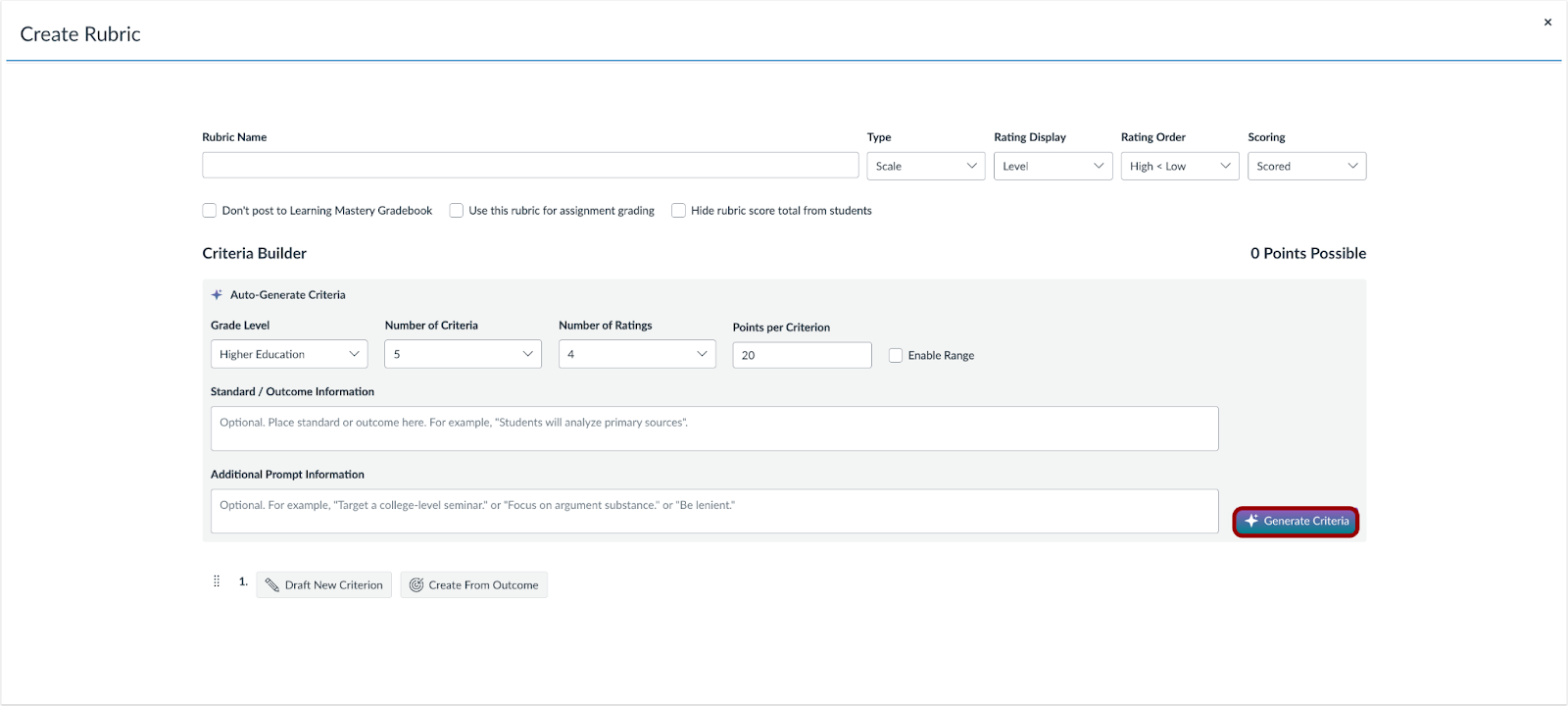 Rubric Generate Criteria Button