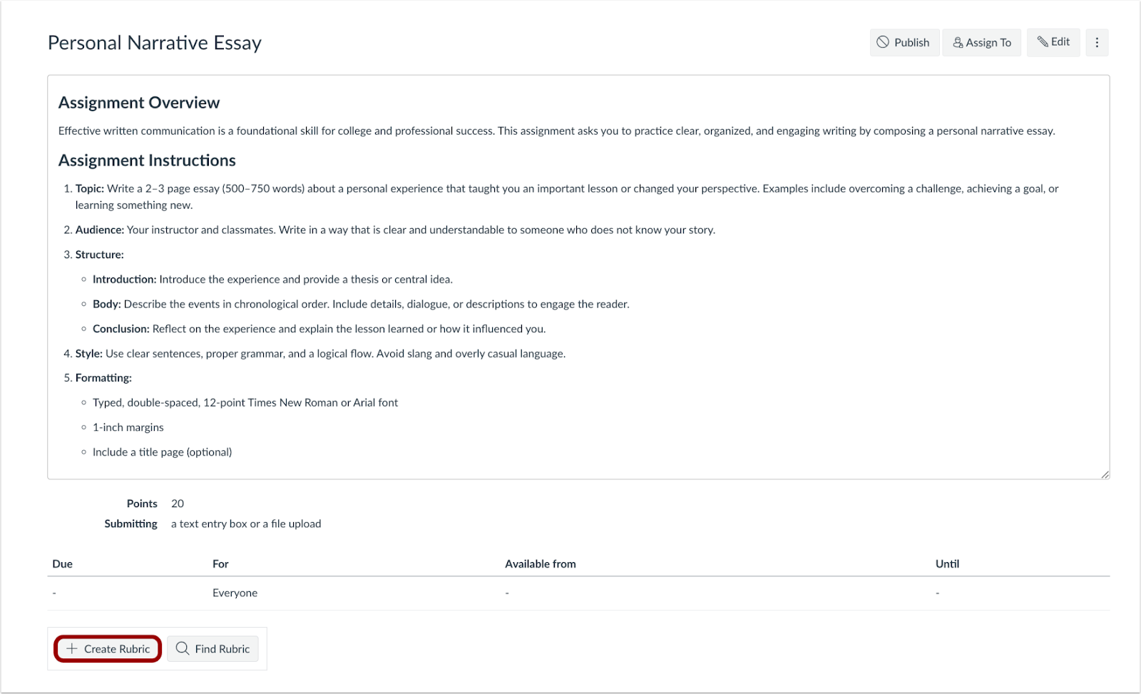 Assignment Details Create Rubric Button