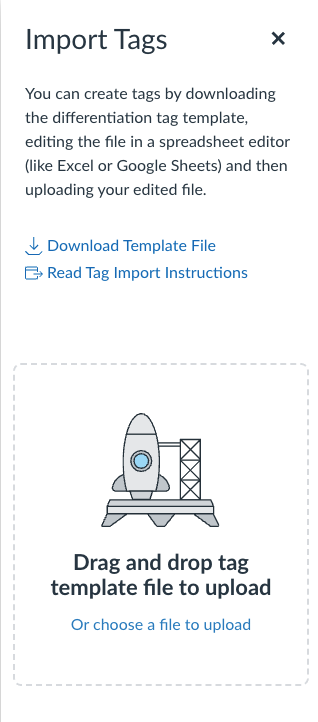 Import Tags tray that shows options for template download, link to instructions, and a place to upload a selected file.