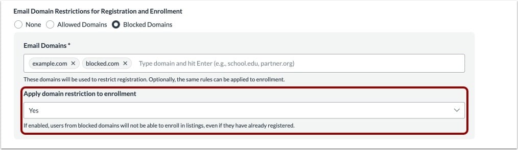 View Apply Domain Restriction to Enrollment Option