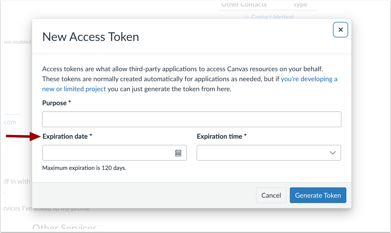 New Access Token Modal Expiration Date Field