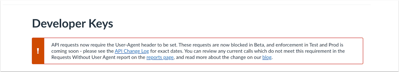 Developer Key Page Banner