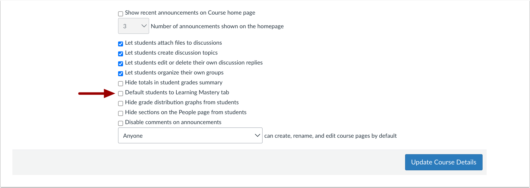 Default Students to Learning Mastery tab Checkbox