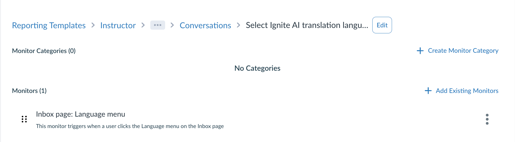 Monitor Categories: Select Ignite AI Translation Language
