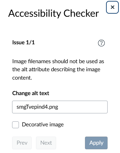 Accessibility Checker pane listing Issue: Image filenames should not be used as the alt attribute describing the image content. There is a box to Change alt text, a check box to mark it as a decorative image, and currently inactive buttons for Prev, Next, and Apply.