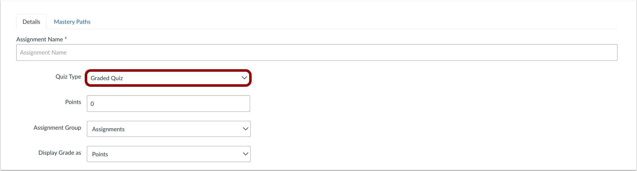 Quiz Type Drop-Down Menu
