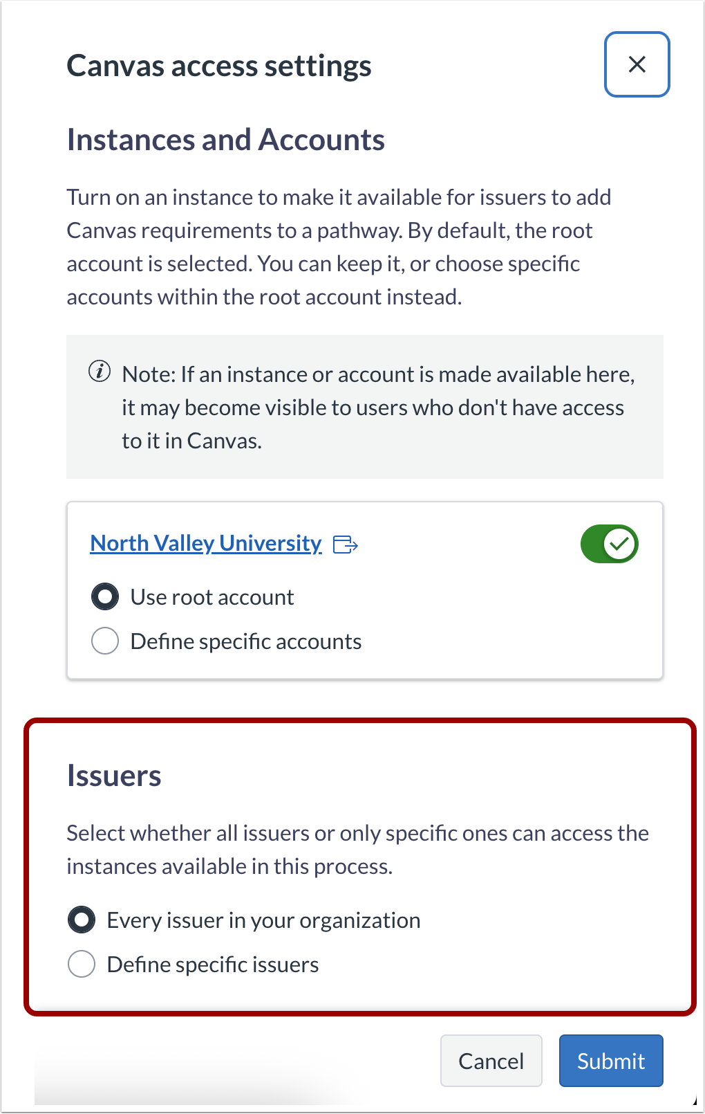 Canvas Access Settings Modal