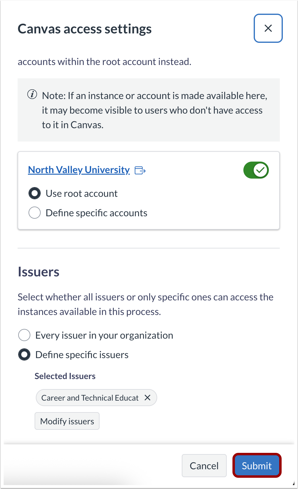 Canvas Access Settings Submit Button