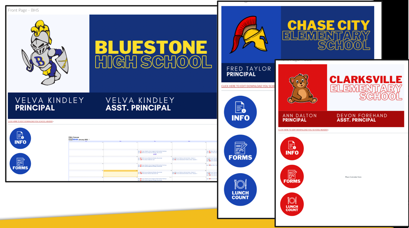 Homepage examples with a blue or red header banner and buttons.