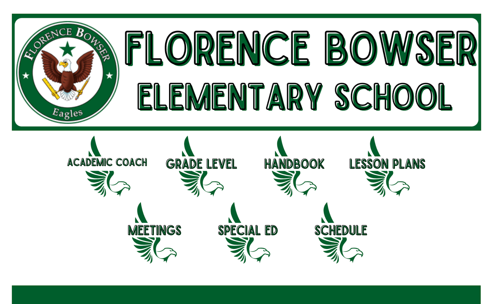 Elementary Home Page example for administrators. Header has the elementary name and then each button is an eagle image with words.