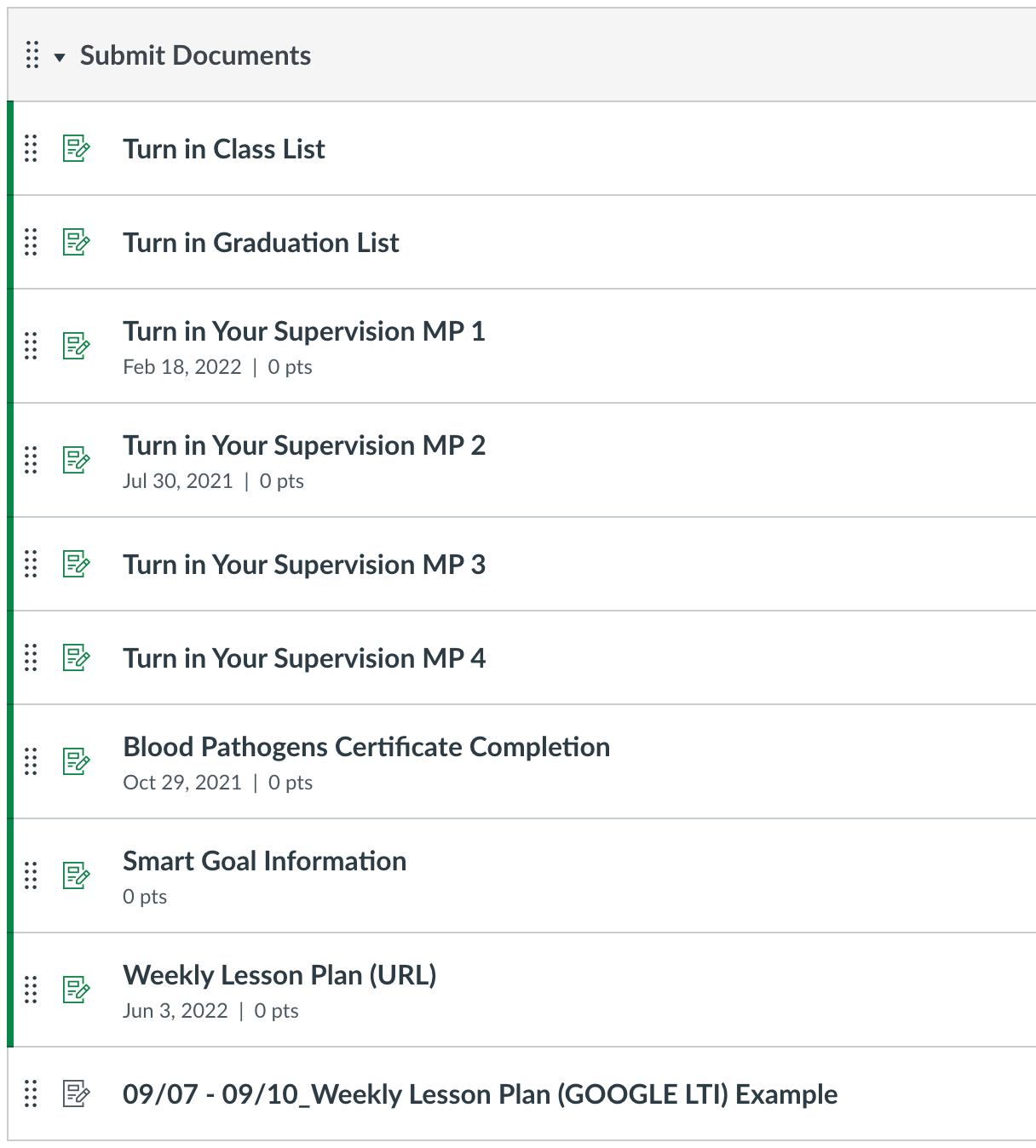 Screenshot of an opened module with examples of submitted documents a teacher would give an admin.