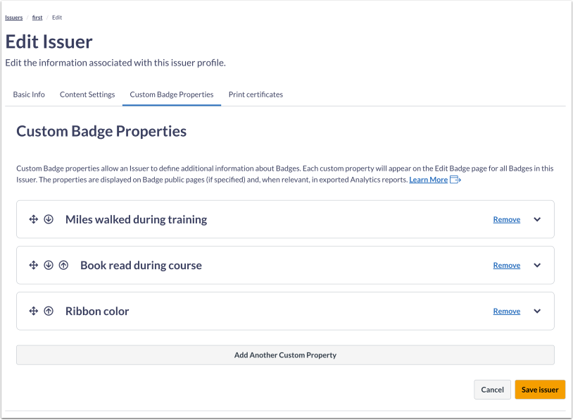 Custom Badge Properties Card Display