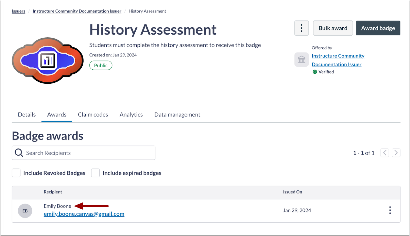 Issuers Badge Awards Name Displays