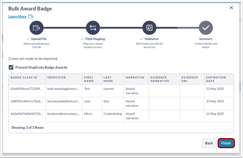 Bulk Award for Multiple Badges Summary