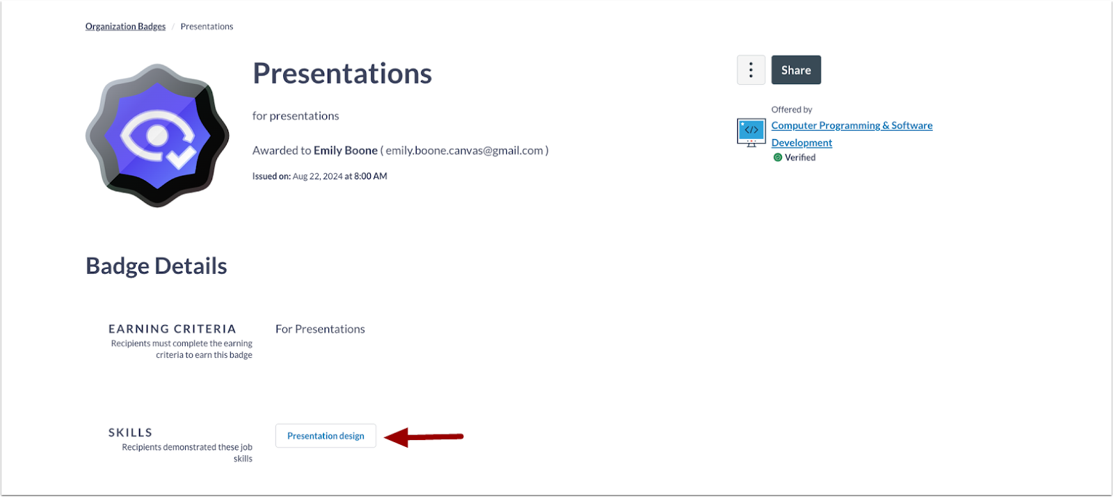 Badge Details Page Displays Skill Link