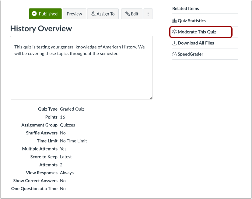 Add Extra Attempt through Moderate this Quiz