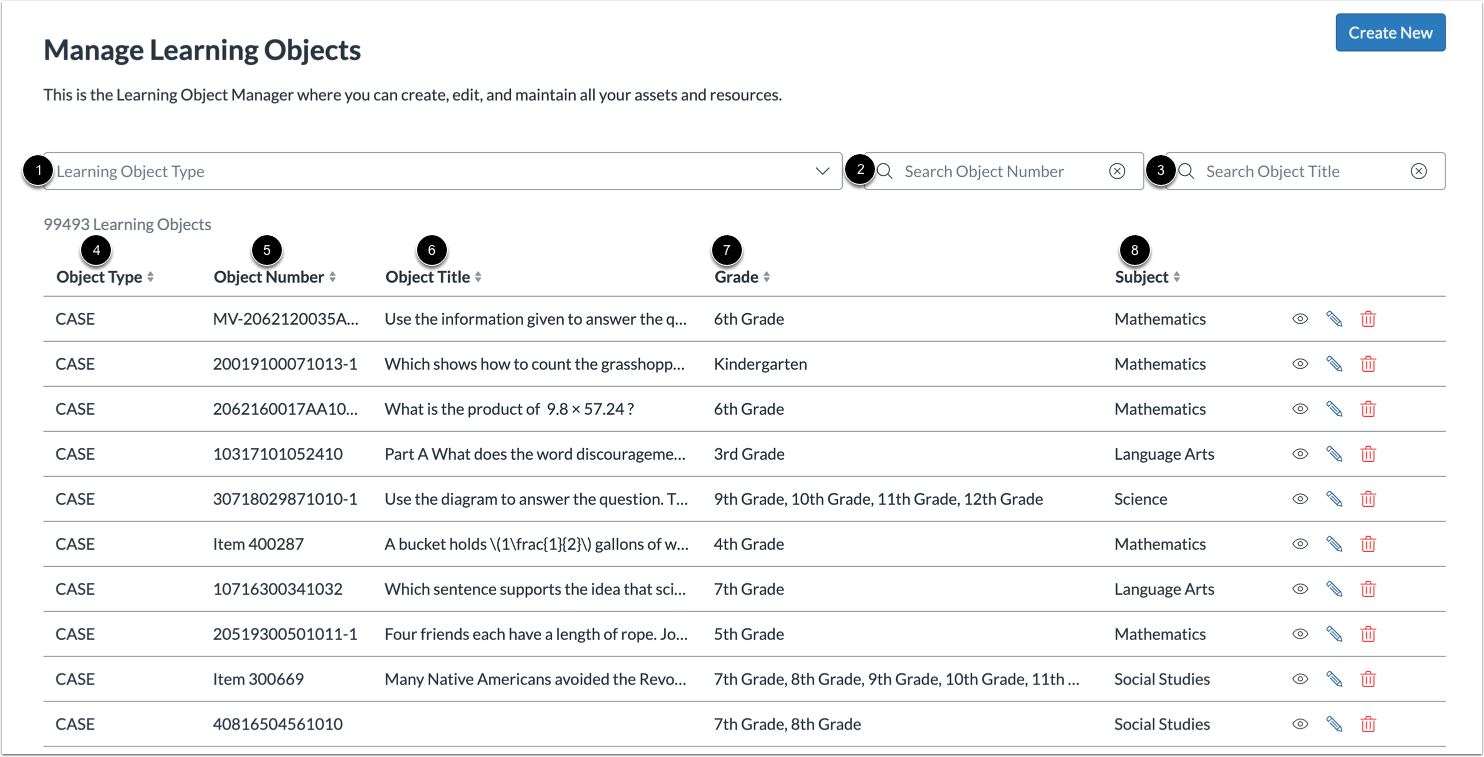 View Manage Learning Objects Page
