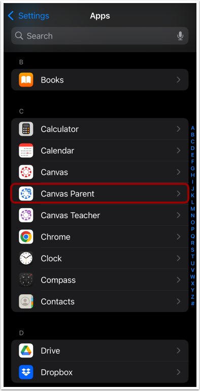 Open Parent App Settings