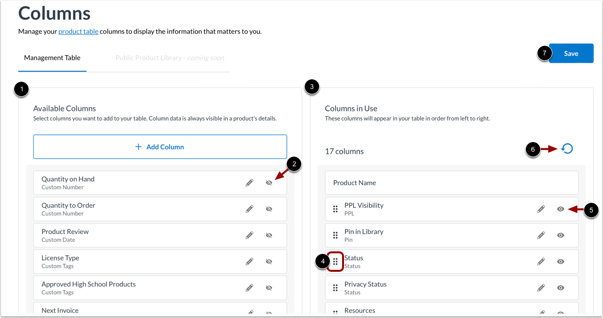 Configure Columns in Columns Page