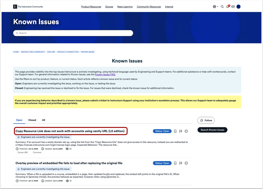 How do I use Known Issues? - Instructure Community