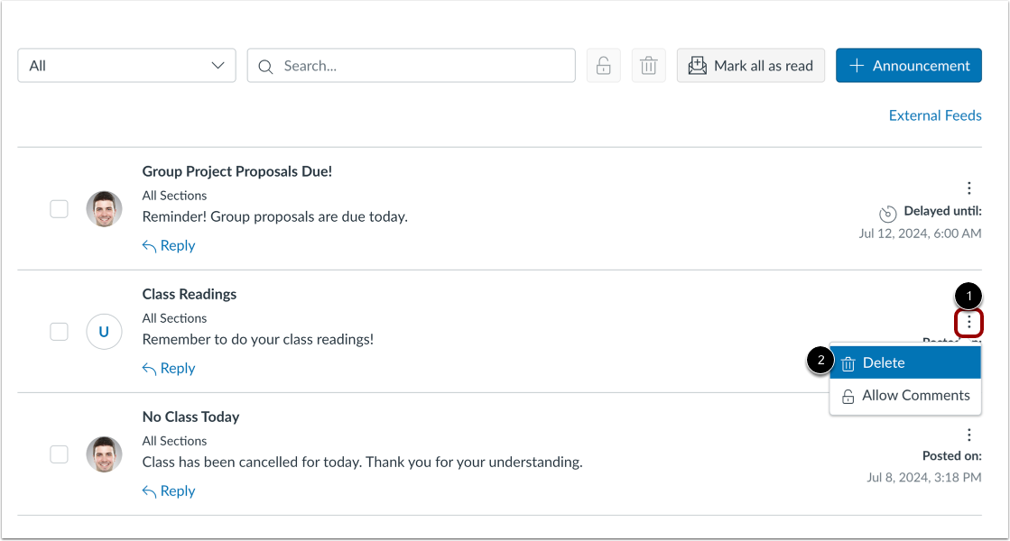Delete in Announcements Page