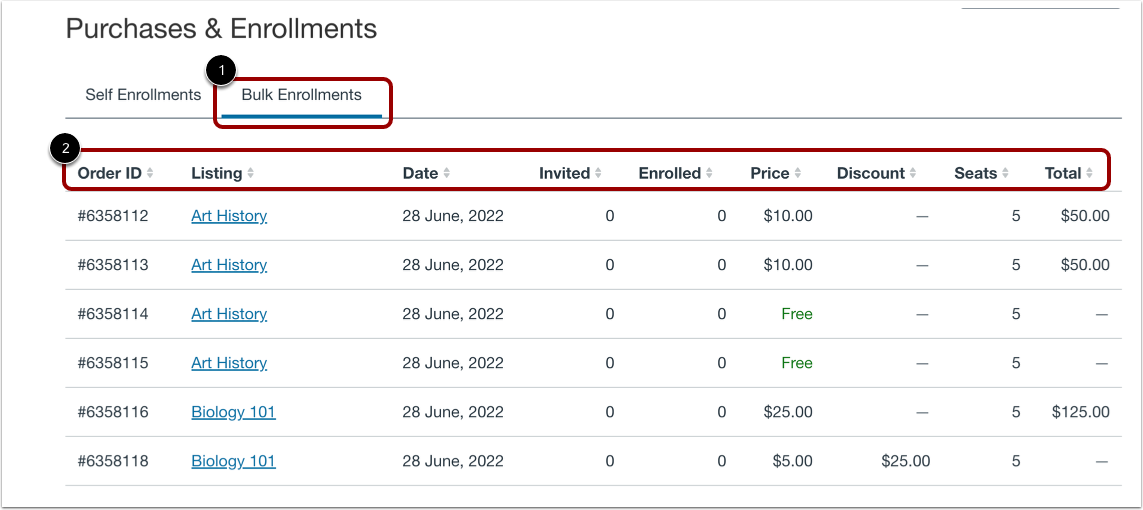 View Bulk Enrollments Lists