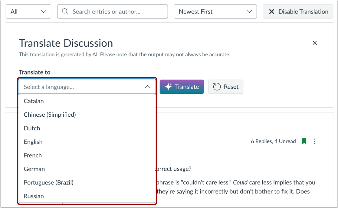 View Translation Options