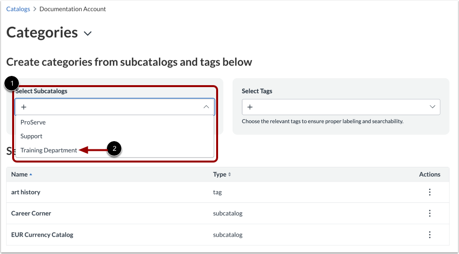 Select Subcatalog Categories