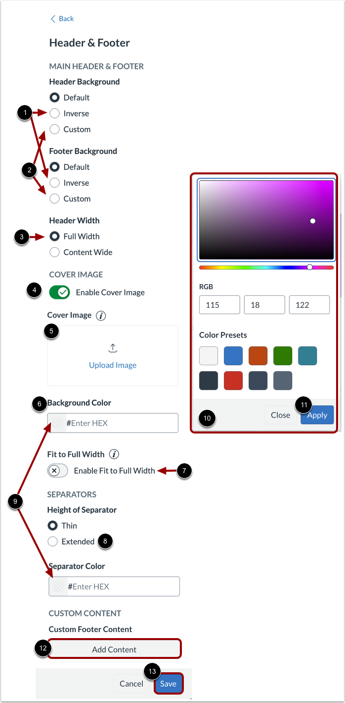 Customize Header & Footer