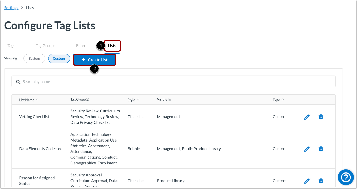 In Tags, Filters, and Lists, select the Lists tab and select the Create List button.