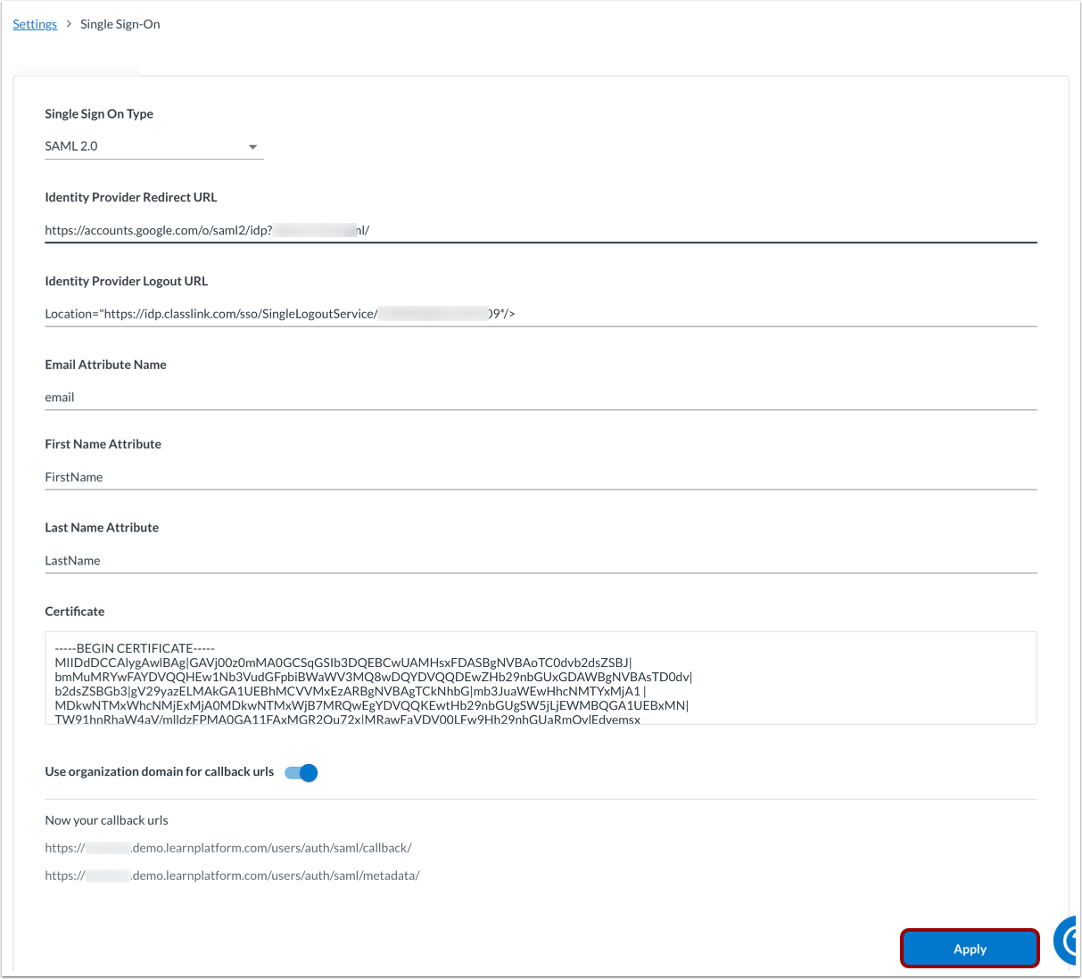 View LearnPlatform SSO set up page
