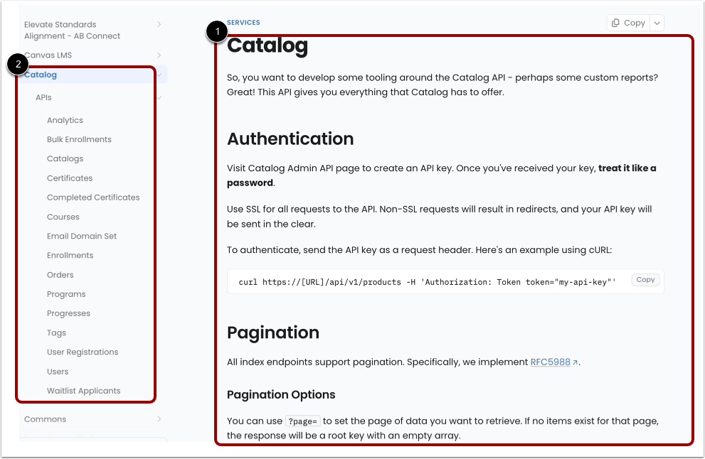 View Catalog API Documenation Page